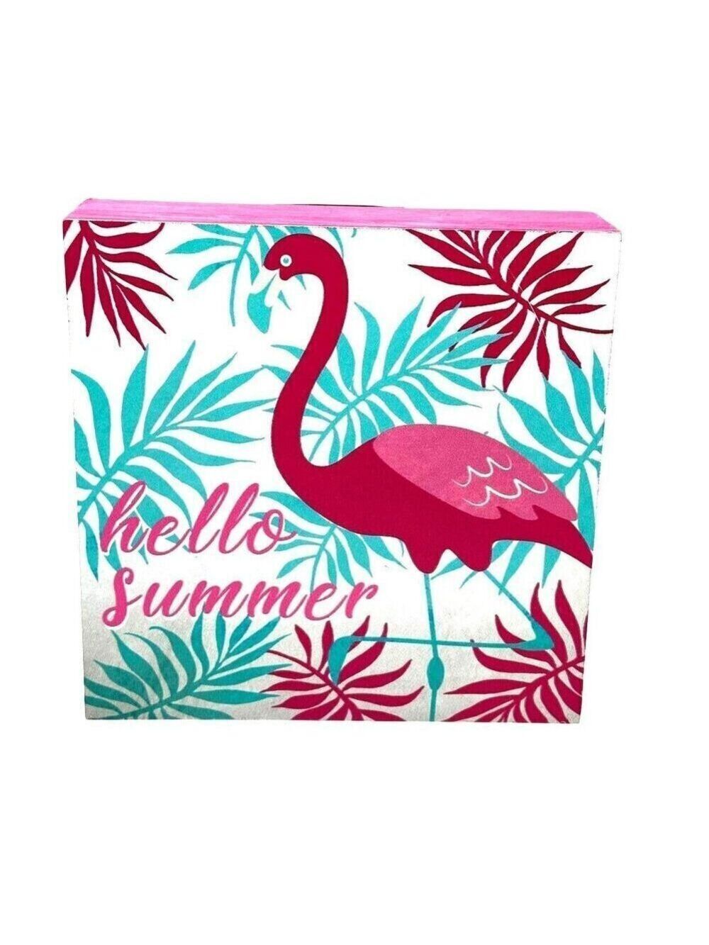 Hello Summer Flamingo Wooden Block Wall Art 6x6 Inches Tropical Decor Pink Green